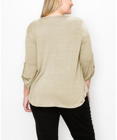 Plus Size 1 Button Henley Rolled Tab 3/4 Sleeve Top Stone $19.78 Tops