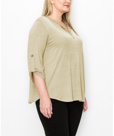 Plus Size 1 Button Henley Rolled Tab 3/4 Sleeve Top Stone $19.78 Tops