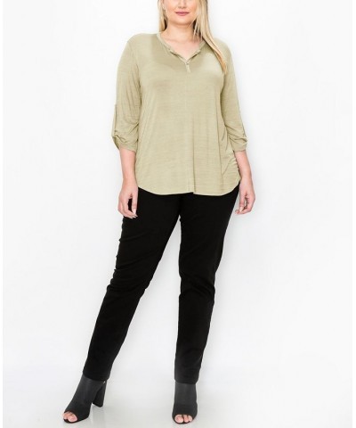 Plus Size 1 Button Henley Rolled Tab 3/4 Sleeve Top Stone $19.78 Tops