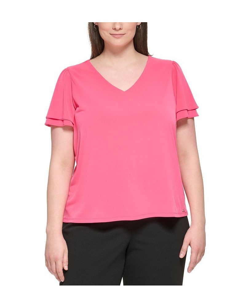 Plus Size V-Neck Tiered Flutter-Sleeve Top Rosebud $30.34 Tops