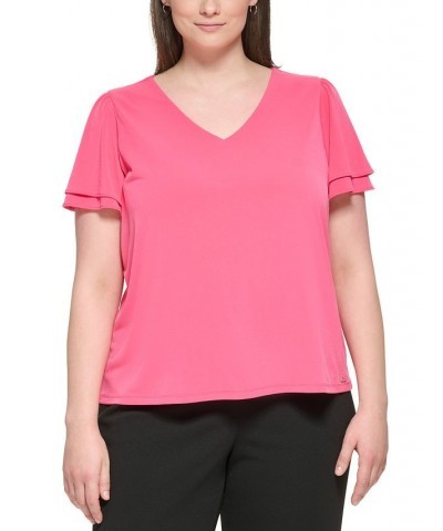 Plus Size V-Neck Tiered Flutter-Sleeve Top Rosebud $30.34 Tops