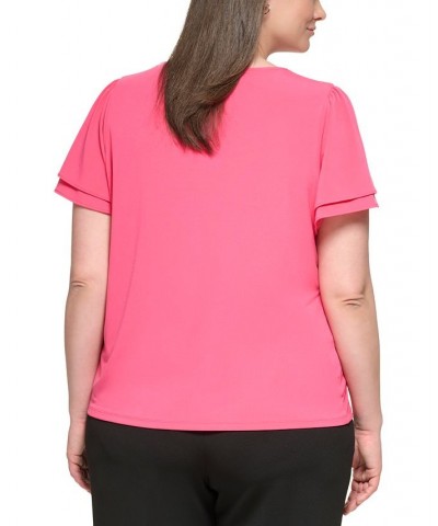 Plus Size V-Neck Tiered Flutter-Sleeve Top Rosebud $30.34 Tops