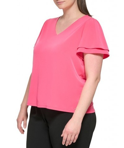 Plus Size V-Neck Tiered Flutter-Sleeve Top Rosebud $30.34 Tops