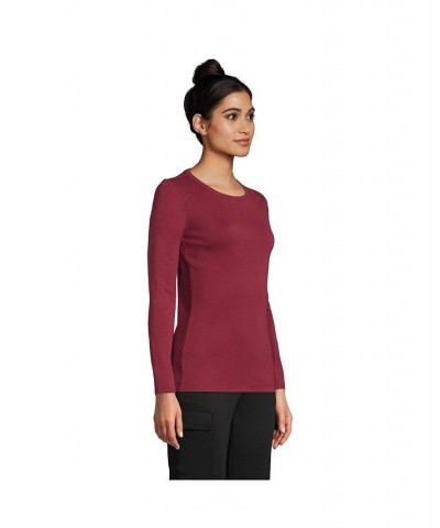 Women's Cotton Rib Long Sleeve Crewneck T-Shirt Red $19.30 Tops