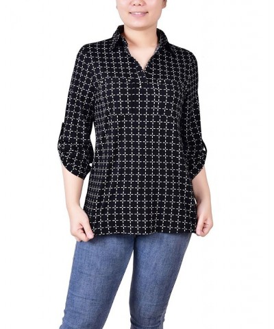 Women's 3/4 Ruched Sleeve Studded Y-neck Top Black White Line Box $13.86 Tops