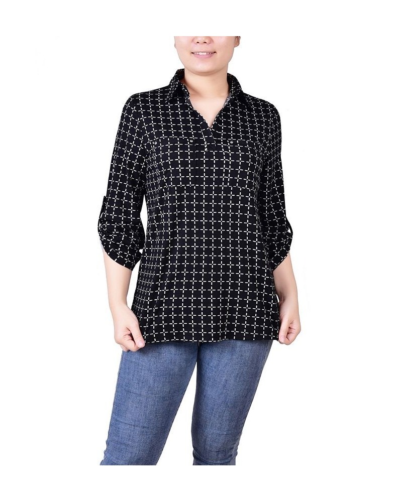 Women's 3/4 Ruched Sleeve Studded Y-neck Top Black White Line Box $13.86 Tops