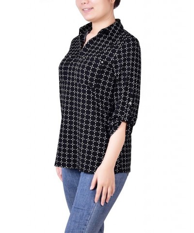 Women's 3/4 Ruched Sleeve Studded Y-neck Top Black White Line Box $13.86 Tops