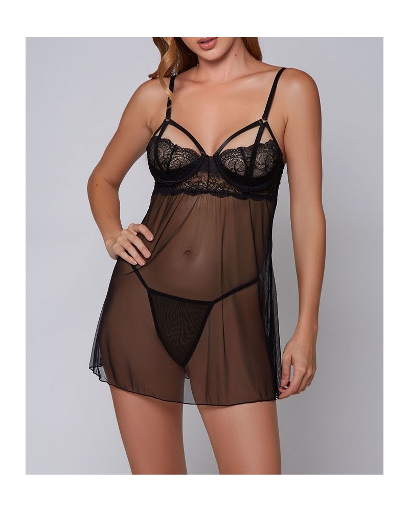 Women's Clarice Lace Underwire and Mesh Babydoll and Panty Set 2 Piece Black $32.12 Lingerie