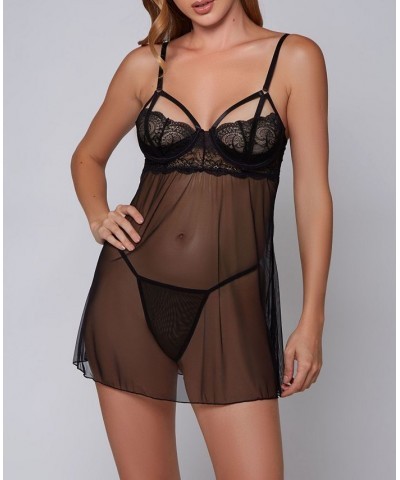 Women's Clarice Lace Underwire and Mesh Babydoll and Panty Set 2 Piece Black $32.12 Lingerie