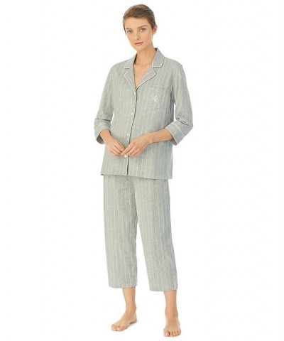 Womens 3/4 Sleeve Cotton Notch Collar Capri Pant Pajama Set Grey Stripe $38.22 Sleepwear