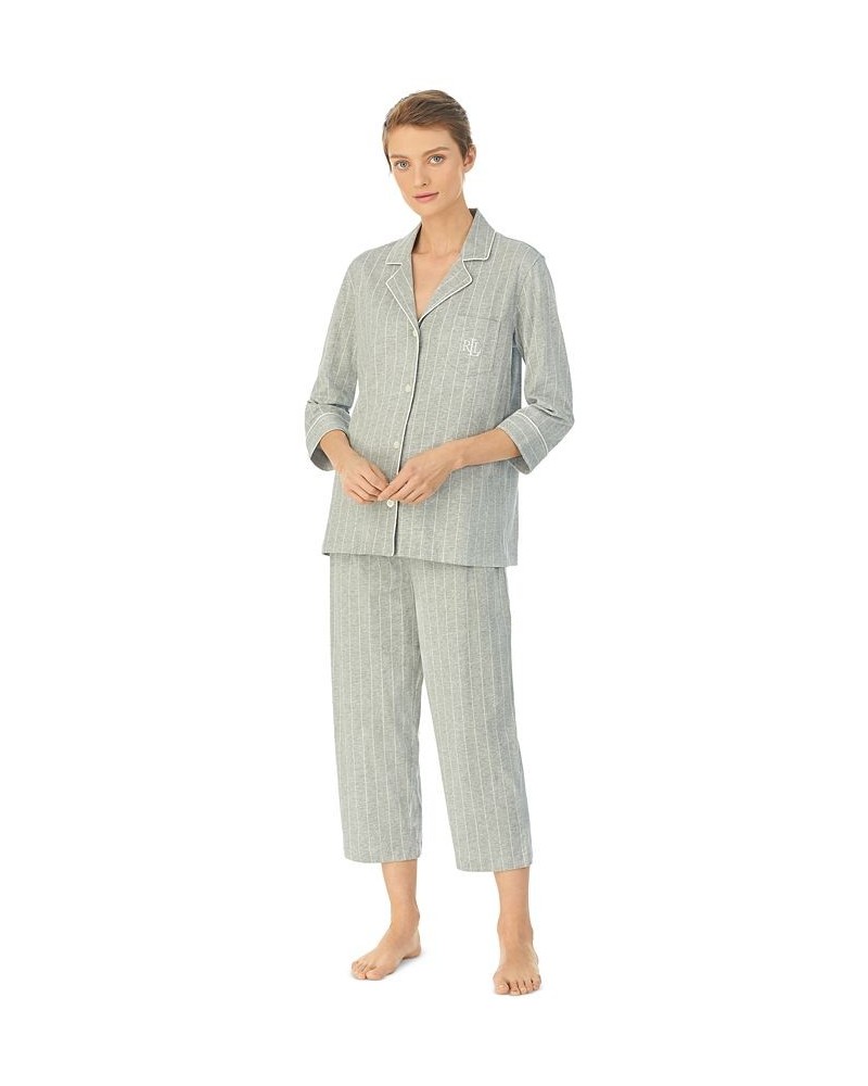 Womens 3/4 Sleeve Cotton Notch Collar Capri Pant Pajama Set Grey Stripe $38.22 Sleepwear