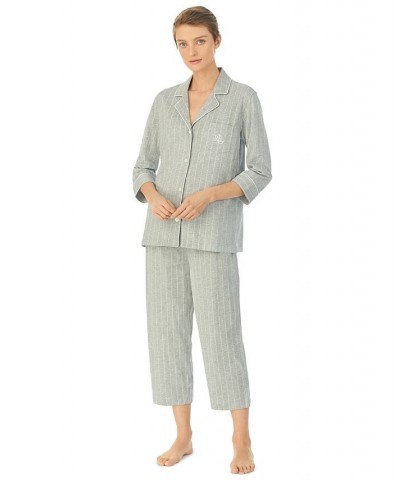 Womens 3/4 Sleeve Cotton Notch Collar Capri Pant Pajama Set Grey Stripe $38.22 Sleepwear