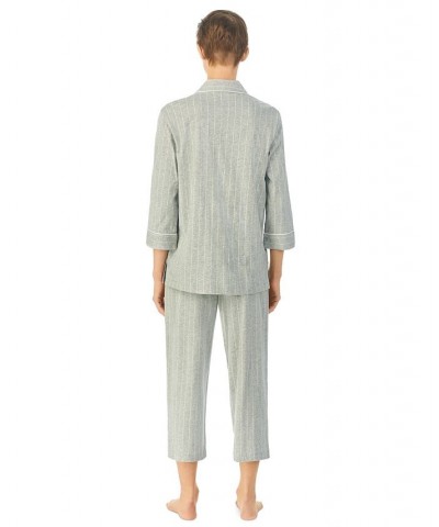 Womens 3/4 Sleeve Cotton Notch Collar Capri Pant Pajama Set Grey Stripe $38.22 Sleepwear