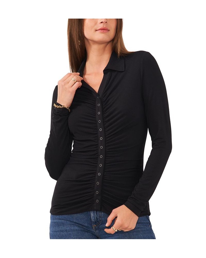 Women's Solid-Color Ruched Split-Neck Top Rich Black $32.33 Tops