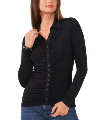 Women's Solid-Color Ruched Split-Neck Top Rich Black $32.33 Tops