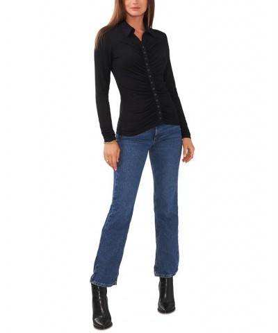 Women's Solid-Color Ruched Split-Neck Top Rich Black $32.33 Tops