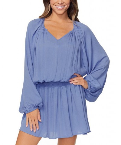 Juniors' Maui Solid Blouson-Sleeve Dress Cover-Up Blue $34.98 Swimsuits