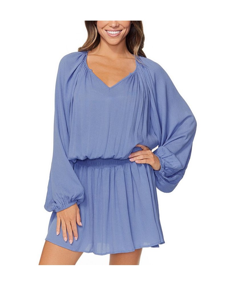 Juniors' Maui Solid Blouson-Sleeve Dress Cover-Up Blue $34.98 Swimsuits