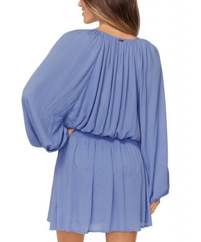 Juniors' Maui Solid Blouson-Sleeve Dress Cover-Up Blue $34.98 Swimsuits