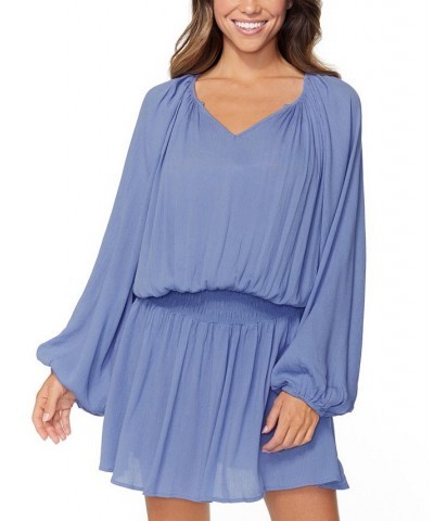 Juniors' Maui Solid Blouson-Sleeve Dress Cover-Up Blue $34.98 Swimsuits