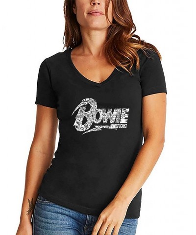 Women's David Bowie Logo Word Art V-Neck T-shirt Black-White $17.50 Tops