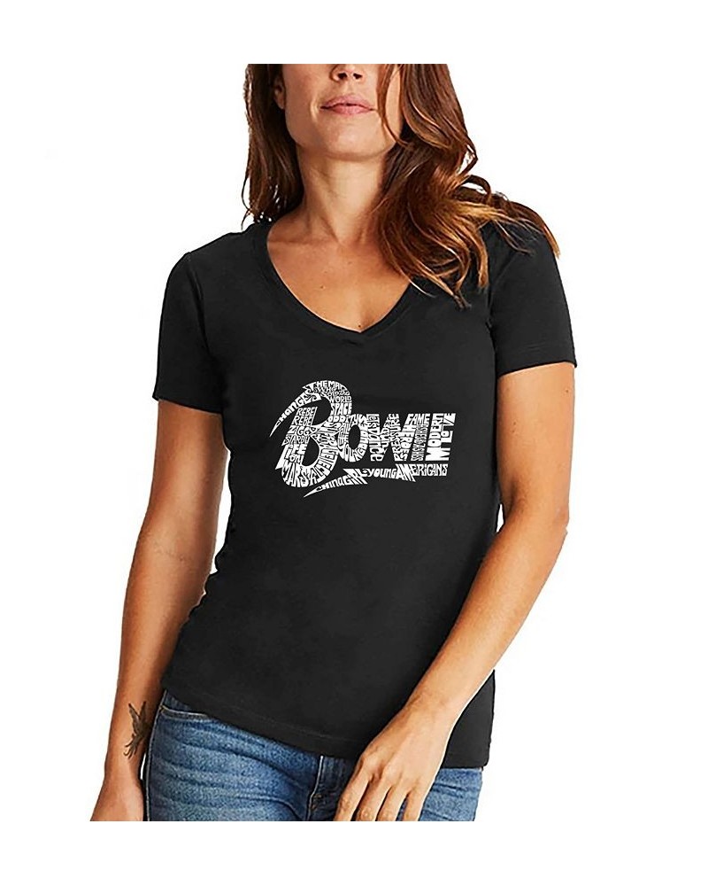 Women's David Bowie Logo Word Art V-Neck T-shirt Black-White $17.50 Tops