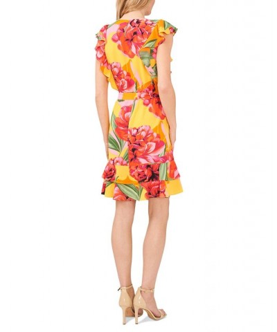 Women's Ruffled Belted Dress Saffron Yellow $50.31 Dresses