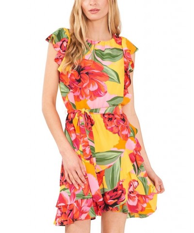 Women's Ruffled Belted Dress Saffron Yellow $50.31 Dresses