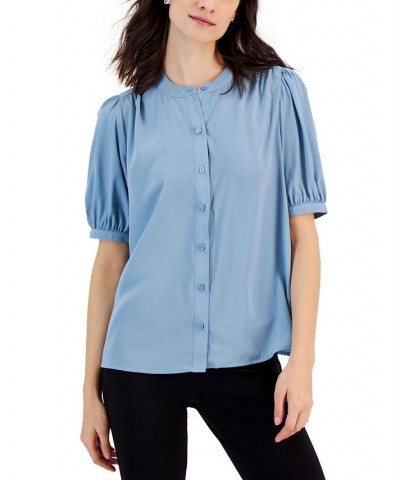 Women's Band-Collar Elbow-Sleeve Top Concealed Blue $15.18 Tops