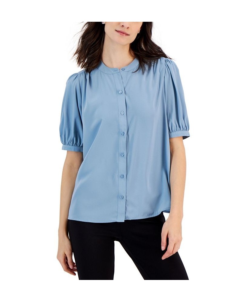 Women's Band-Collar Elbow-Sleeve Top Concealed Blue $15.18 Tops