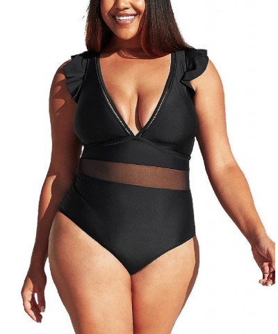 Women's Black Ruffle Plunge V Neck Plus Size One Piece Swimsuit Black $21.73 Swimsuits