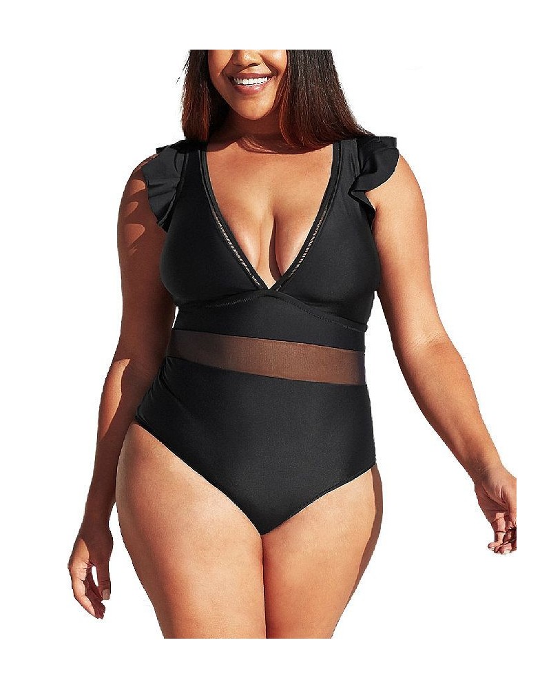 Women's Black Ruffle Plunge V Neck Plus Size One Piece Swimsuit Black $21.73 Swimsuits