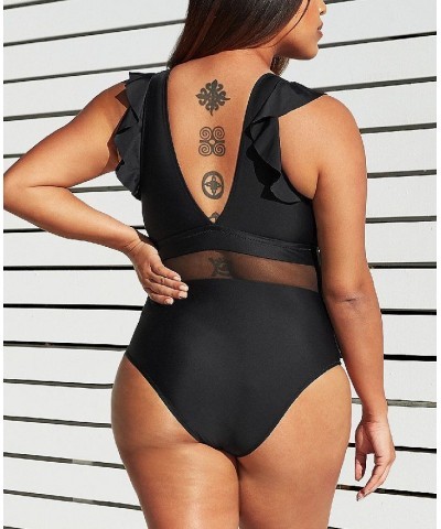 Women's Black Ruffle Plunge V Neck Plus Size One Piece Swimsuit Black $21.73 Swimsuits