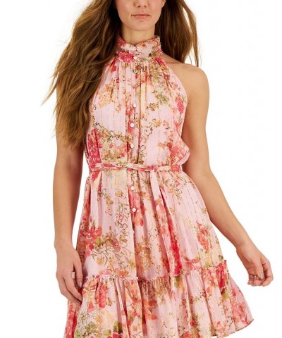 Women's Floral-Print Mock-Neck A-Line Dress Tickle Me Pink $32.56 Dresses