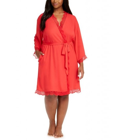 Plus Size Lace-Trim Chiffon Wrap Robe Red $14.87 Sleepwear