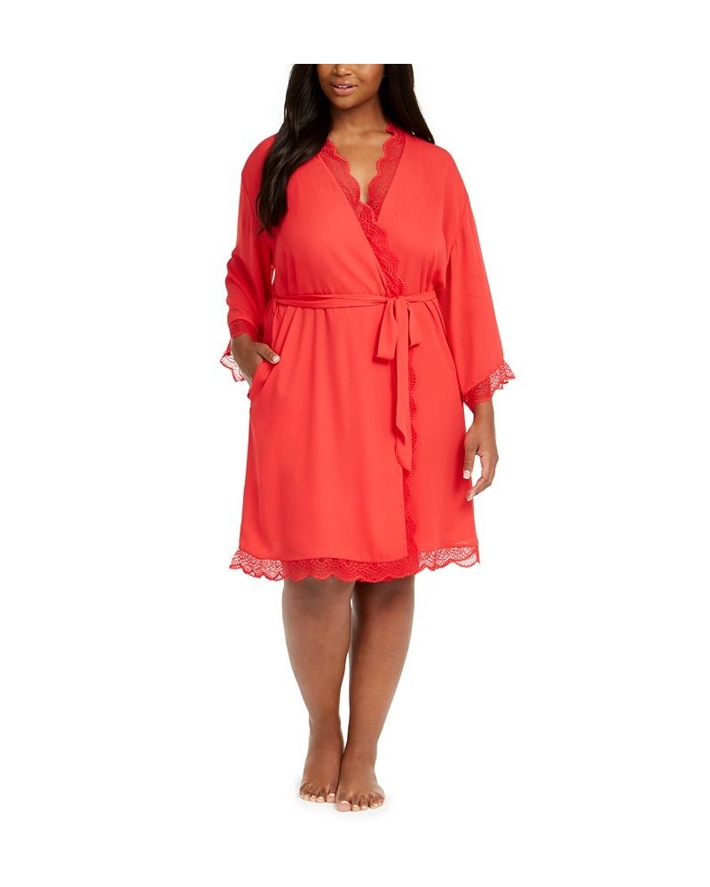 Plus Size Lace-Trim Chiffon Wrap Robe Red $14.87 Sleepwear