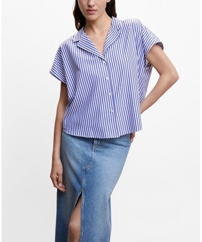 Women's Short Sleeve Striped Shirt Blue $25.76 Tops