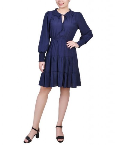 Petite Long Sleeve Tiered Dress with Ruffled Neck Blue $16.77 Dresses