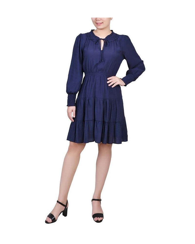 Petite Long Sleeve Tiered Dress with Ruffled Neck Blue $16.77 Dresses