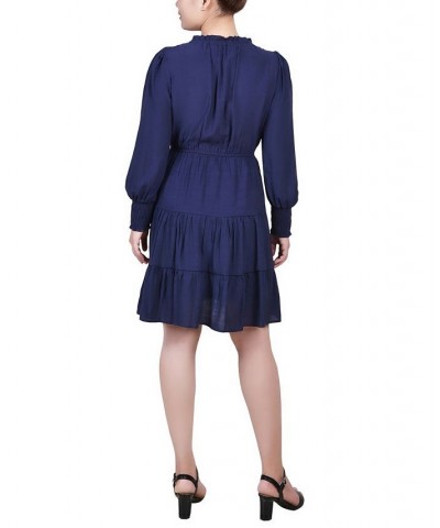 Petite Long Sleeve Tiered Dress with Ruffled Neck Blue $16.77 Dresses