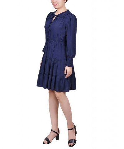 Petite Long Sleeve Tiered Dress with Ruffled Neck Blue $16.77 Dresses