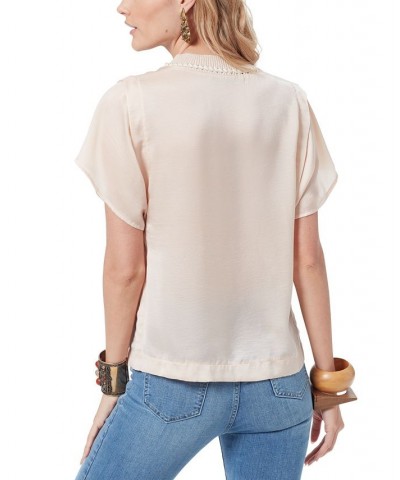 Leona Braided Neckline Short Sleeve Blouse Ivory/Cream $22.96 Tops