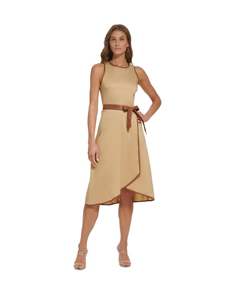 Women's Mixed-Media Belted Midi Dress Khaki/Tortoise $43.20 Dresses