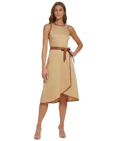 Women's Mixed-Media Belted Midi Dress Khaki/Tortoise $43.20 Dresses