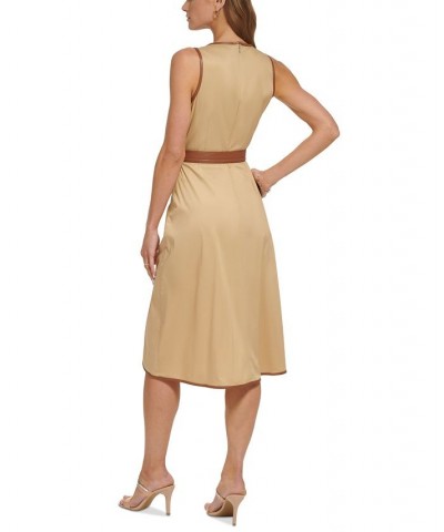 Women's Mixed-Media Belted Midi Dress Khaki/Tortoise $43.20 Dresses