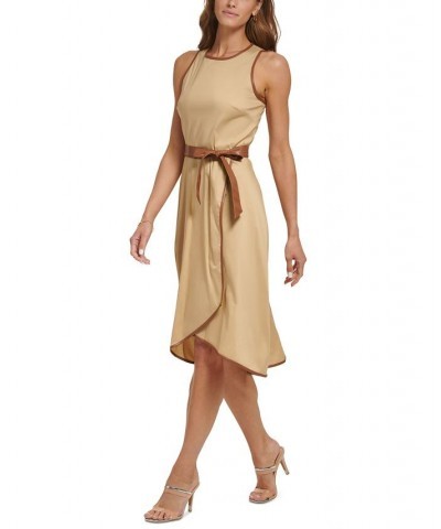 Women's Mixed-Media Belted Midi Dress Khaki/Tortoise $43.20 Dresses