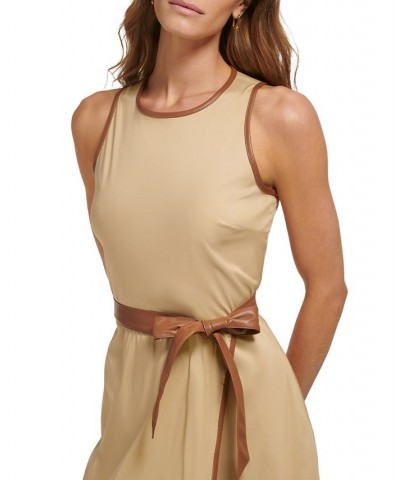 Women's Mixed-Media Belted Midi Dress Khaki/Tortoise $43.20 Dresses