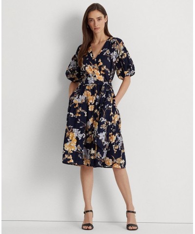 Women's Floral Belted Cotton Voile Dress Navy Multi $89.70 Dresses