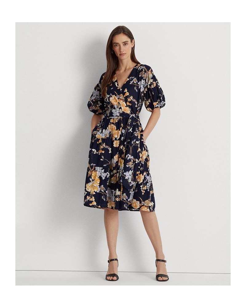 Women's Floral Belted Cotton Voile Dress Navy Multi $89.70 Dresses