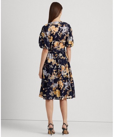 Women's Floral Belted Cotton Voile Dress Navy Multi $89.70 Dresses